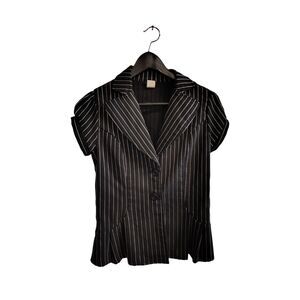 Vanity Small Black White Pinstripe Women's Button-Up Cap Sleeve Blazer‎